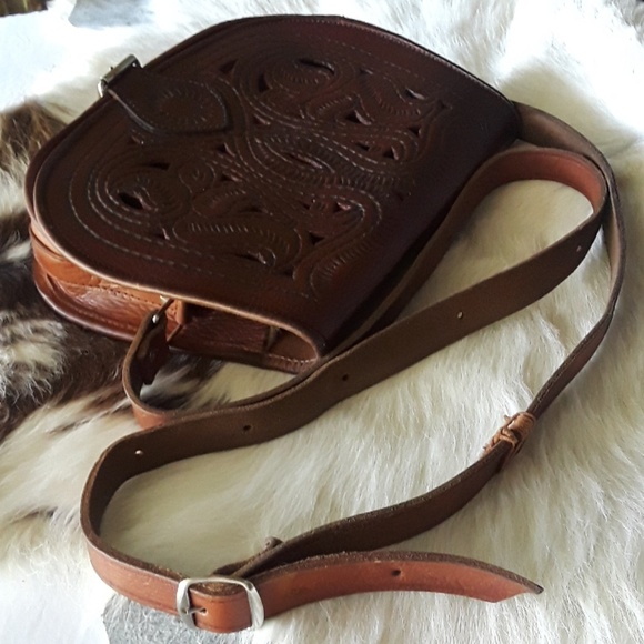 unbranded vintage item Handbags - vintage Tooled Leather crossbody hippie purse
